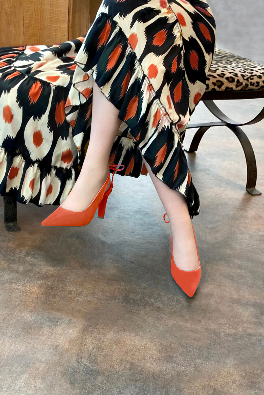 Clementine orange women's slingback shoes. Pointed toe. High slim heel. Worn view - Florence KOOIJMAN
